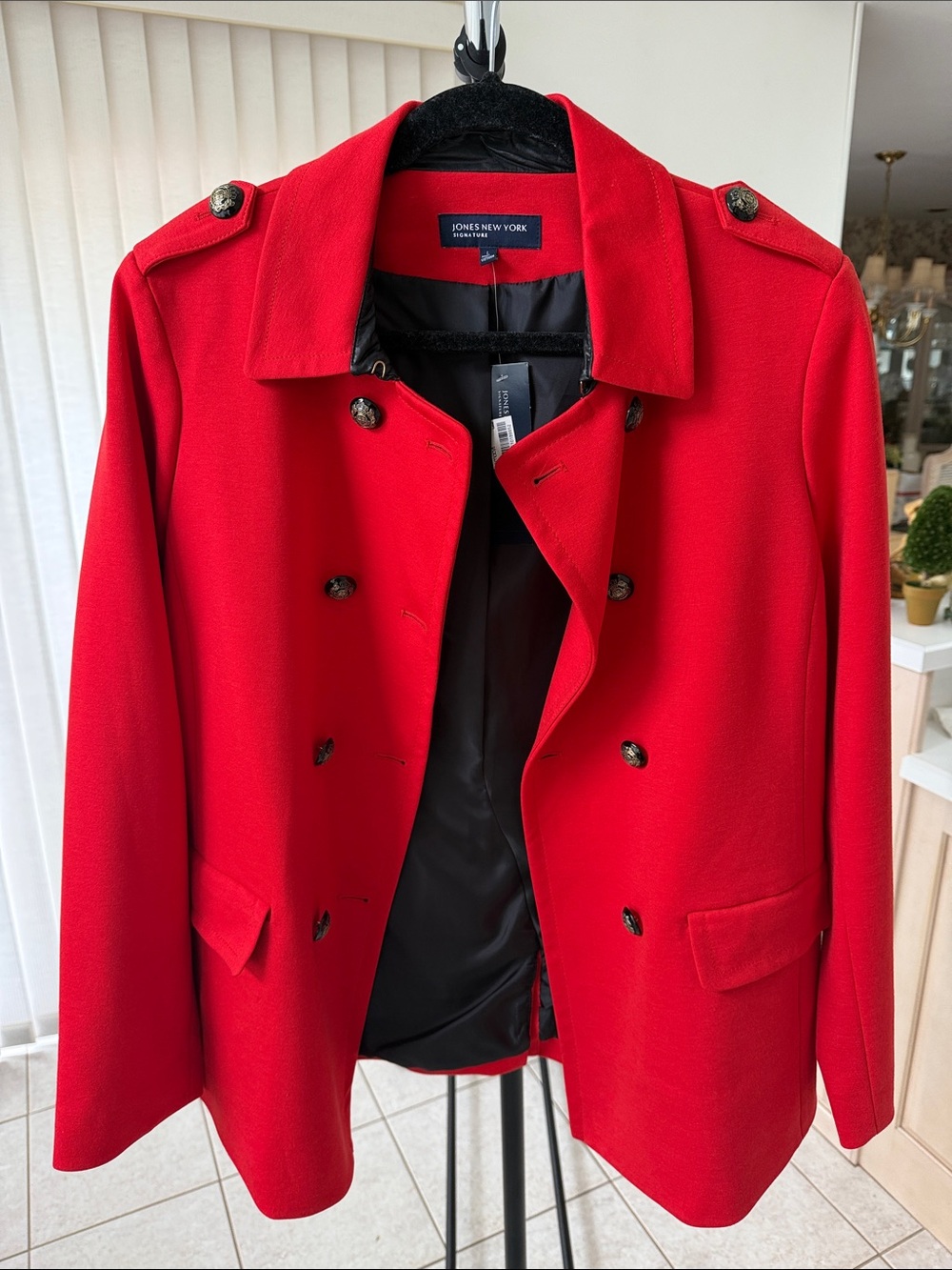 Jones New York Bright Red Double-Breasted Coat with Black Lining